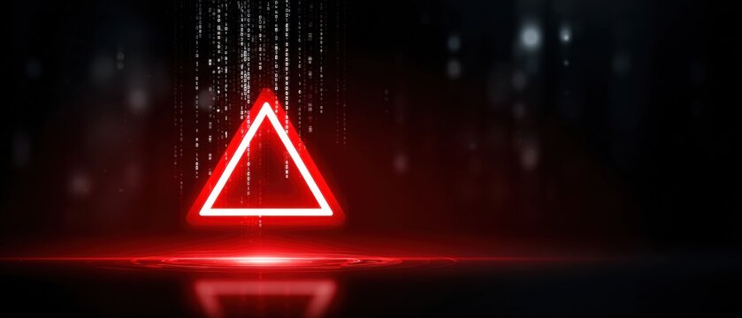 A glowing red triangle with digital code falls from above in a dark, futuristic setting. - Powered by Adobe