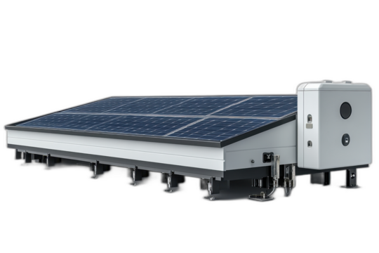 Solar-powered machine emitting bright light, sleek design with solar panels, gears and wires, white background. Isolated on transparent background.