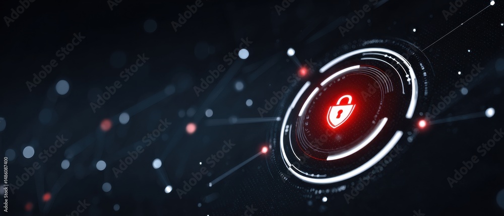 Poster a glowing red padlock icon in a digital interface symbolizes cybersecurity and data protection amid 