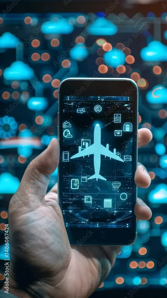 Poster exploring advanced technology with a smartphone displaying aviation data in a vibrant digital world