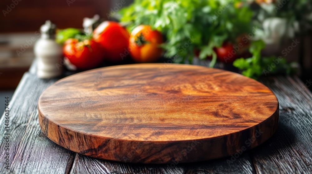 Poster Empty round wooden cutting board on rustic table with blurred vegetables background.
