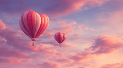 Fototapeta premium Two heart-shaped hot air balloons soaring through a beautiful sunset sky