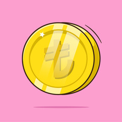 Turkish lira golden coin currency sign, icon, mascot, symbol cartoon vector illustration object isolated