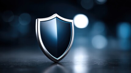 A sleek, metallic shield stands upright on a dark, reflective surface with a blurred blue background.
