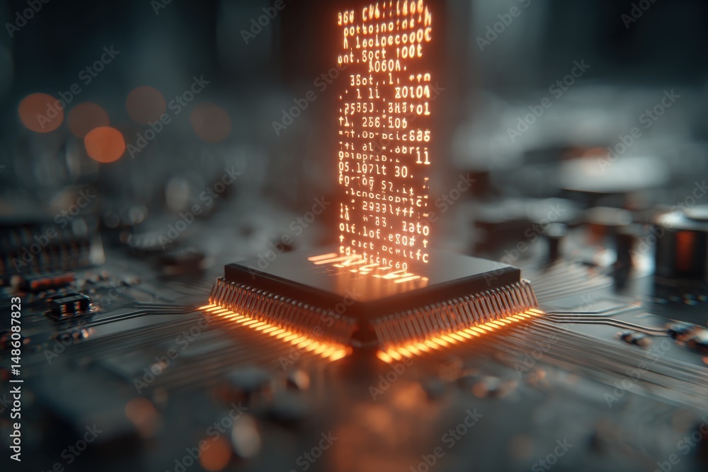 Poster futuristic glowing computer chip with data stream, showcasing technological advancement and innovati
