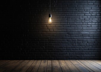 Dark room, brick wall, wooden floor, single lightbulb