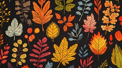 Colorful autumn leaves and plants pattern on dark background.