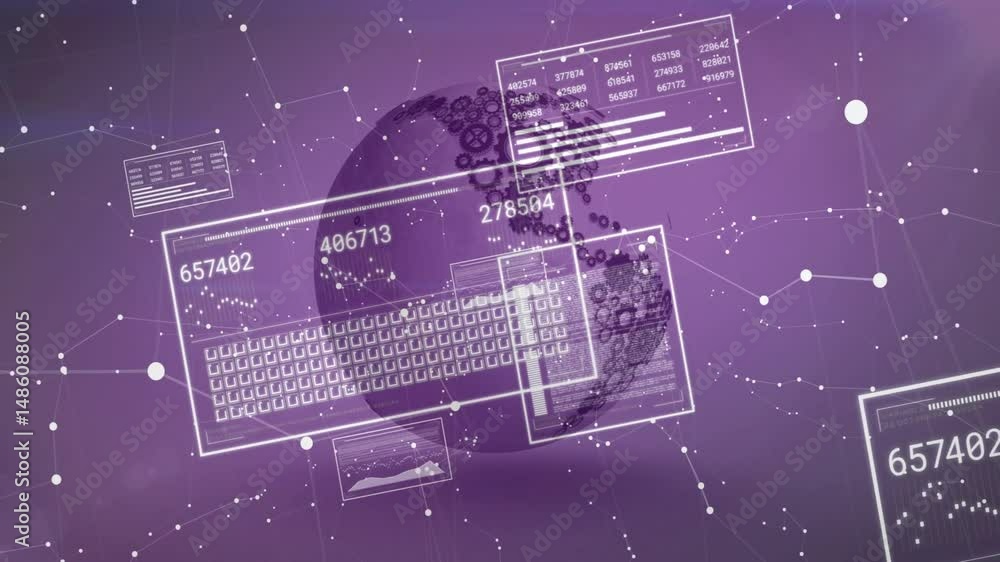 Poster central transparent digital panel floating in scene, showing numeric data panels and network nodes