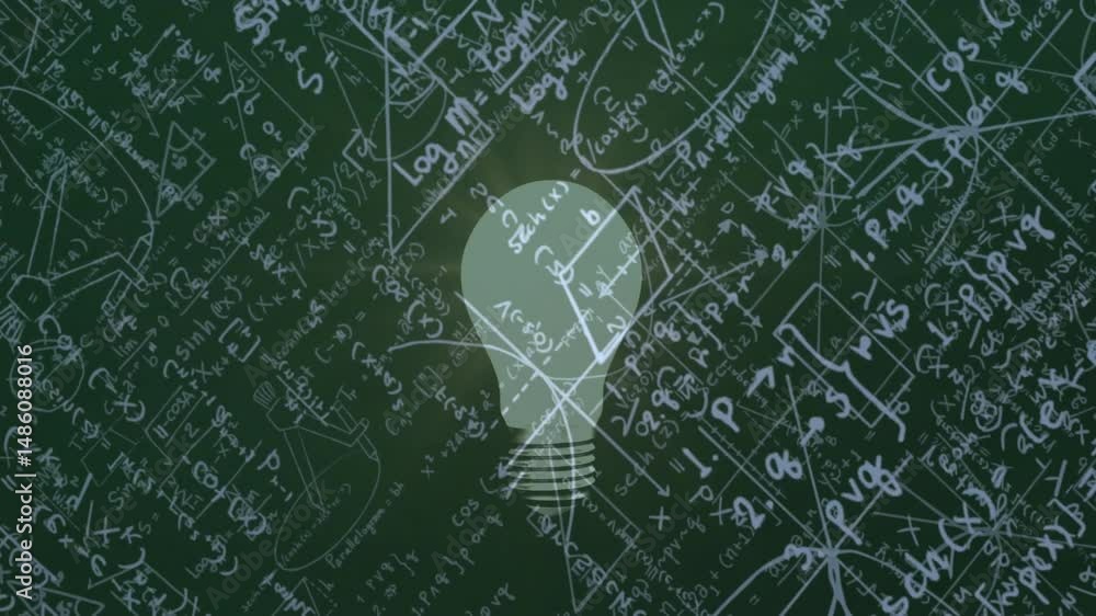 Poster glowing lightbulb silhouette floating over chalkboard showing math formulas and geometry diagrams