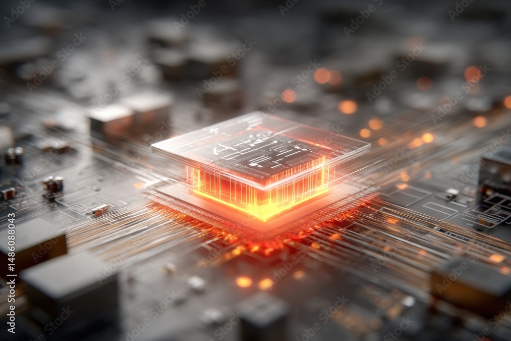 Poster a futuristic depiction of a central processing unit with glowing orange light, showcasing advanced t