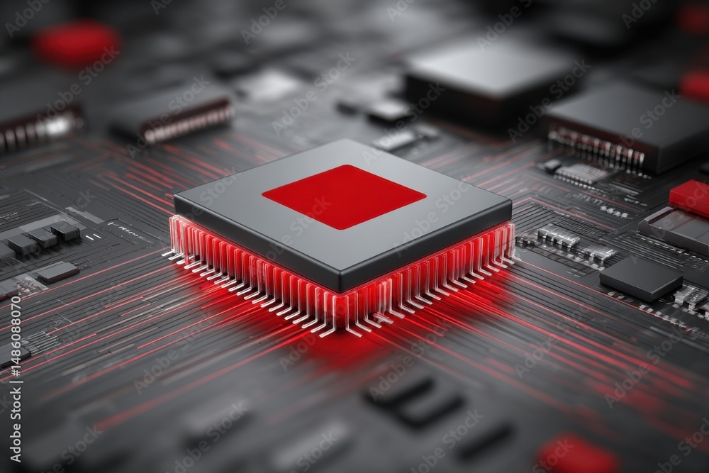 Poster close-up of a modern computer processor with intricate red details, showcasing advanced technology a