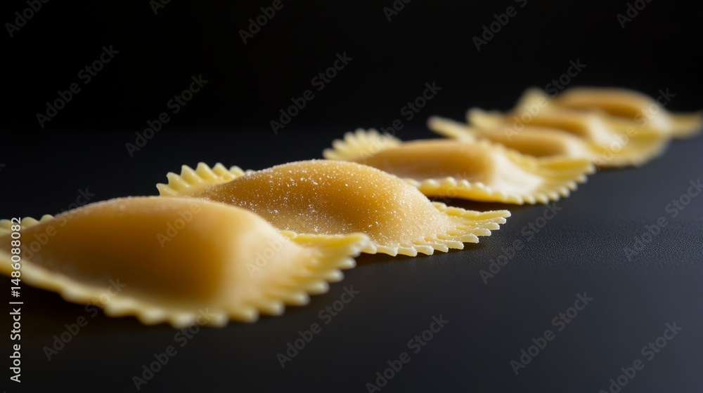Poster close-up of five uncooked, square pasta pillows in a row on a dark surface.