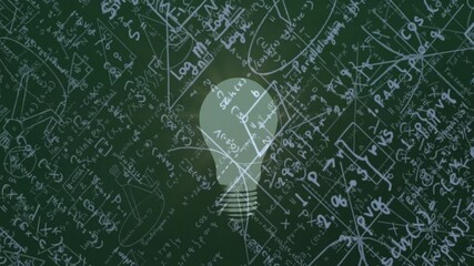 Glowing lightbulb silhouette floating over chalkboard showing math formulas and geometry diagrams - Powered by Adobe