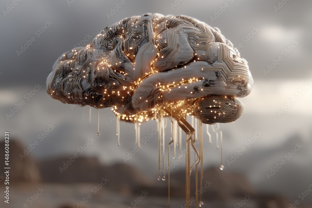 Poster a futuristic brain illustration with intricate circuit patterns and glowing synapses, symbolizing ar