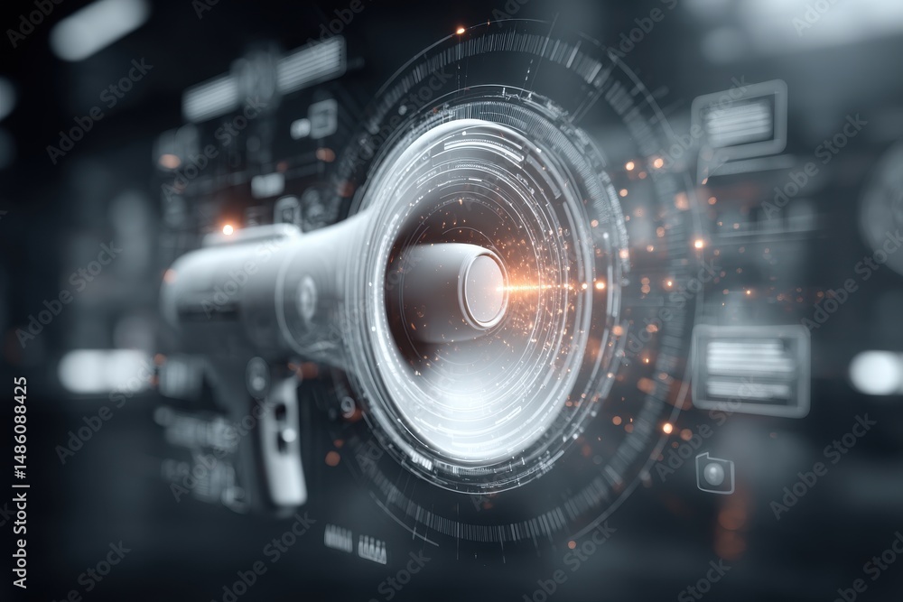 Aufkleber a futuristic megaphone surrounded by digital interfaces and holographic information, emphasizing com