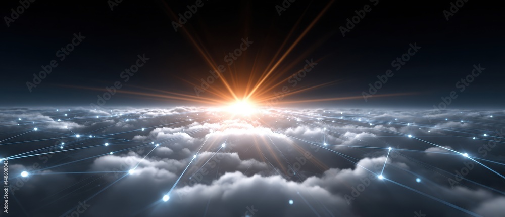 Poster a digital sunrise above the clouds with glowing network lines, symbolizing cloud computing and conne