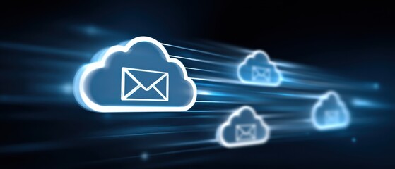 Fototapeta premium Digital clouds with email icons symbolize cloud-based email communication and data transfer over a dark, futuristic background.