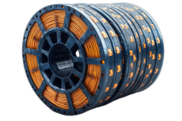 Orange and black fishing reel with silver handle isolated on transparent background.