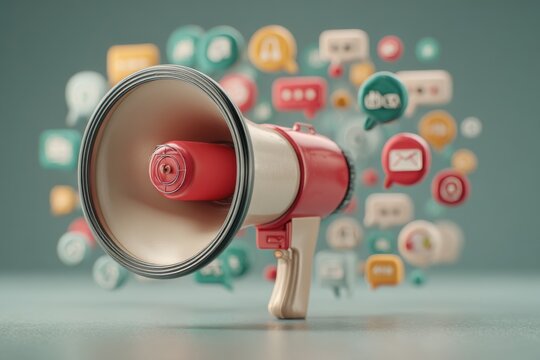 An intriguing close-up of a red and white megaphone surrounded by vibrant communication icons, illustrating announcements and the power of digital media campaigns.