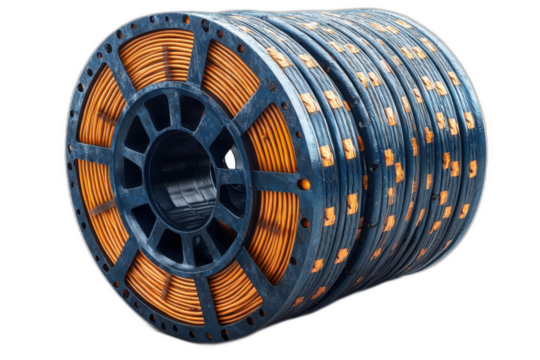 Orange and black fishing reel with silver handle isolated on transparent background.