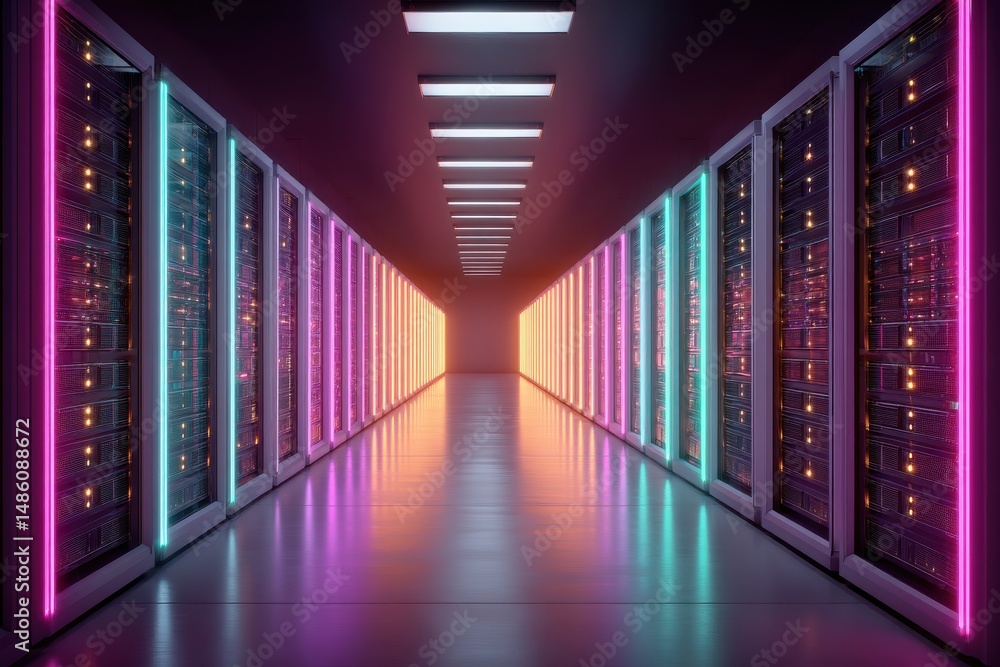 Poster a futuristic server room with vibrant neon lights illuminating the data center racks, showcasing adv