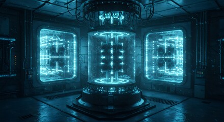Futuristic Machine in Blue Light Room