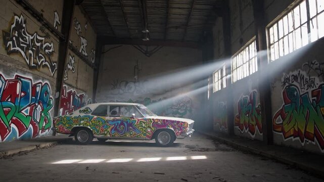 Voiture vintage recouverte de graffitis dans un entrep&ocirc;t abandonn&eacute; &eacute;clair&eacute; par des rayons de lumi&egrave;re

