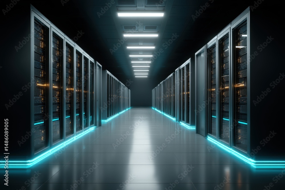 Poster an endless row of servers in a data center with glowing lights, highlighting the cool and futuristic