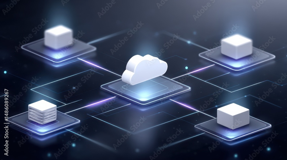 Poster a digital illustration of cloud computing, showing interconnected servers and cloud storage in a fut