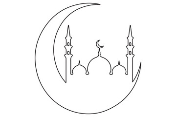 Continuous one line art drawing of a mosque and crescent moon
