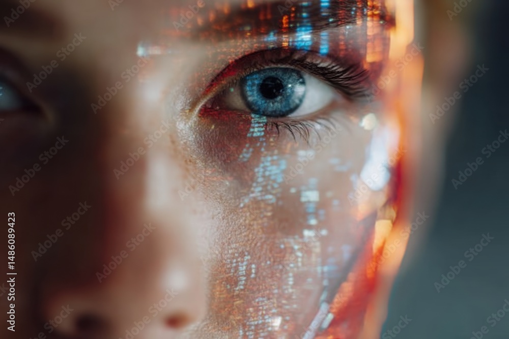 Poster close-up portrait of a woman's face overlaid with digital binary code, creating an ethereal and futu