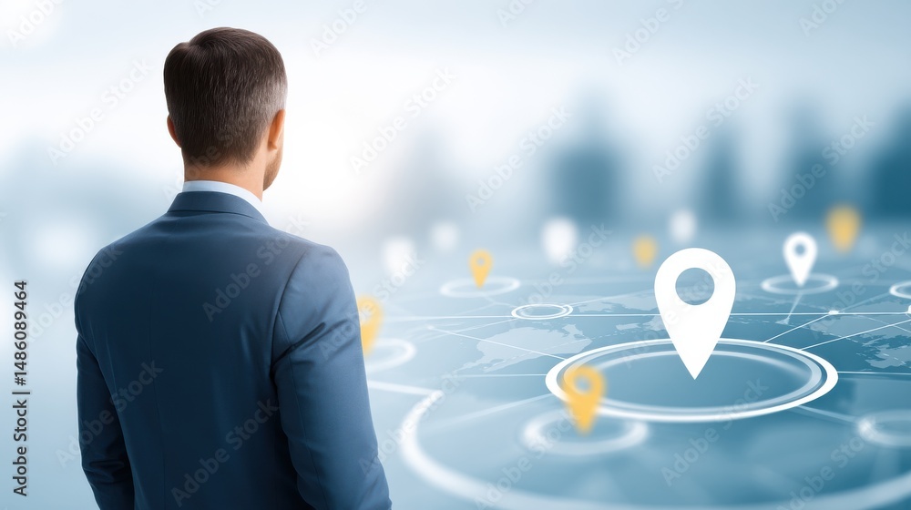 Poster a business professional looks at a digital map interface with location markers, symbolizing navigati