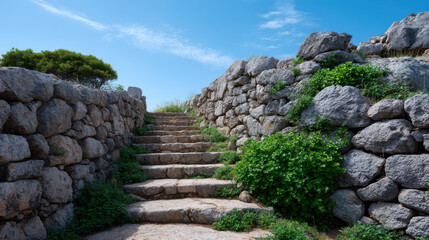 Stone steps lead upwards flanked by ancient weathered rock walls with vegetation under a clear blue sky suggesting a historical or archaeological site in Mallorca.