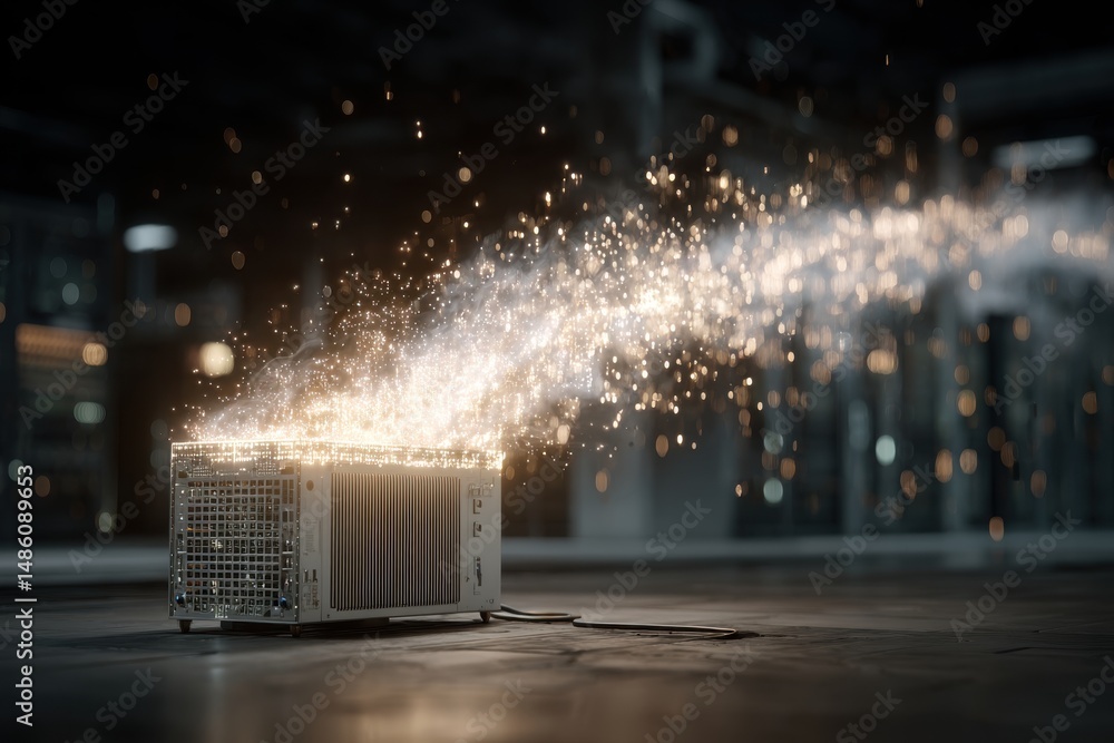 Poster a futuristic server emitting sparks, symbolizing high performance computing power and advanced techn