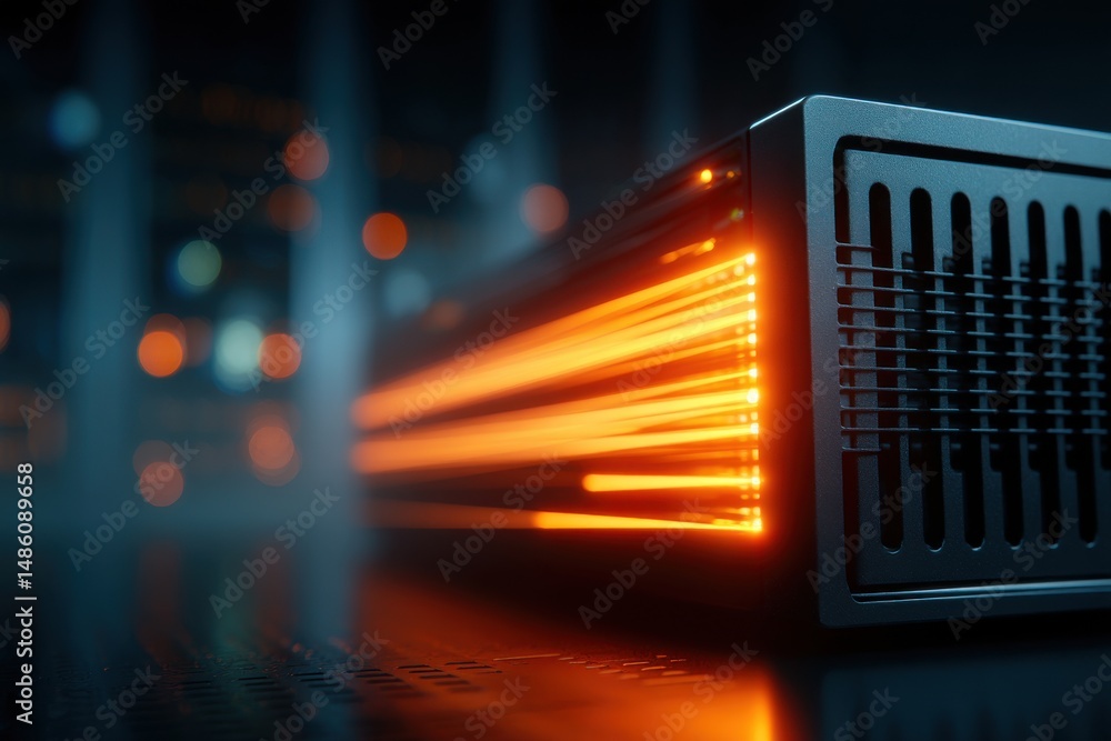Poster close-up of a modern server with orange light emissions in a futuristic environment, highlighting da