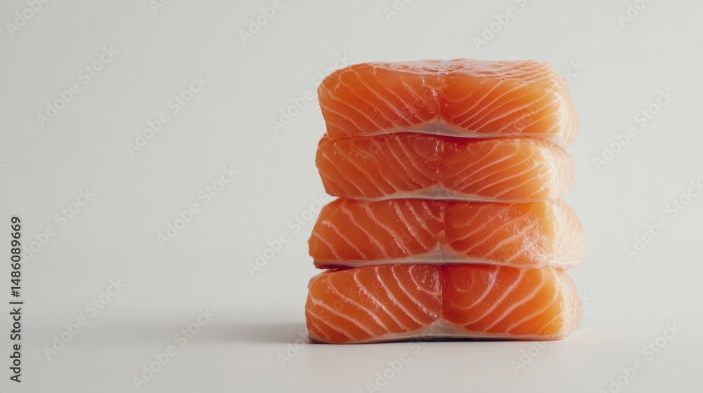 Poster stack of four fresh salmon fillets on a white background.