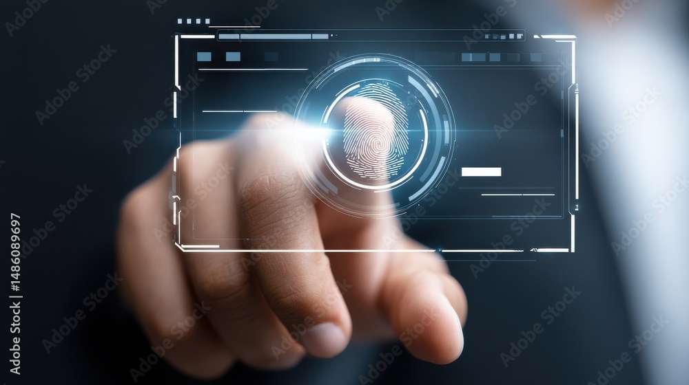 Poster a hand touches a virtual fingerprint scanner, illustrating digital security and biometric authentica