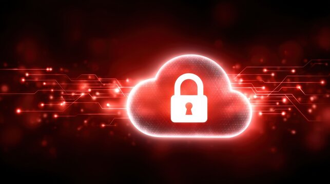 A glowing red cloud with a padlock icon represents secure cloud computing and data protection.