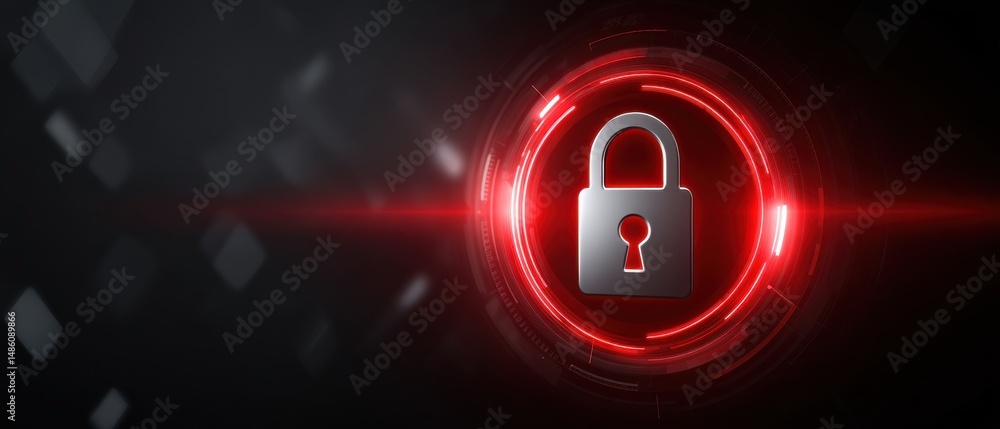 Poster a digital padlock icon glows at the center of a red circular interface, symbolizing cybersecurity an