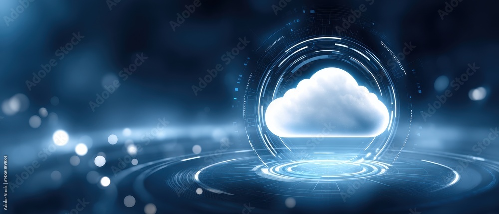 Poster a digital cloud is surrounded by futuristic blue circuitry, symbolizing cloud computing and advanced