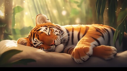 A peaceful tiger resting in a cozy, muted color palette