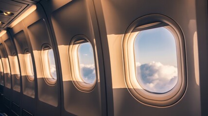 Views of clouds from an airplane window during a scenic flight above the sky in bright daylight