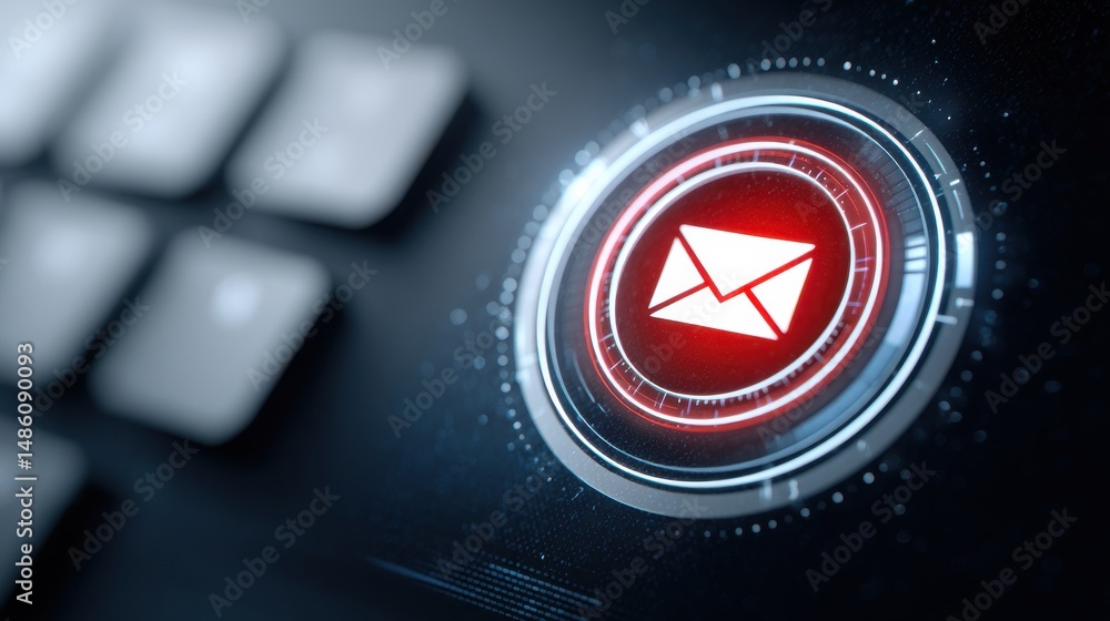 Aufkleber a glowing red email icon on a futuristic digital interface next to a computer keyboard.