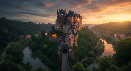 Medieval Castle River Sunset