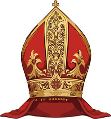 Red and Gold Papal Mitre with Ornate Floral Filigree – Vector Illustration of Catholic Bishop Hat on White Background