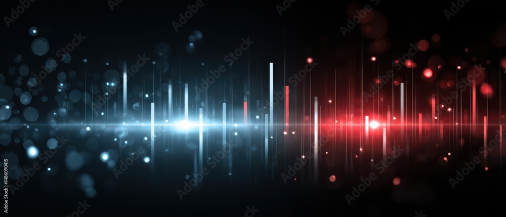 Poster abstract digital soundwave with glowing vertical bars and bokeh light effects in blue and red on a d