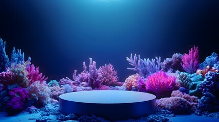 Underwater stage with colorful coral reef background offers a serene product display
