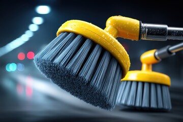 A detailed close-up of yellow brushes with blue bristles, focusing on cleaning equipment, with water droplets adding to the clean, hygienic feel, showcasing modern design and functionality.