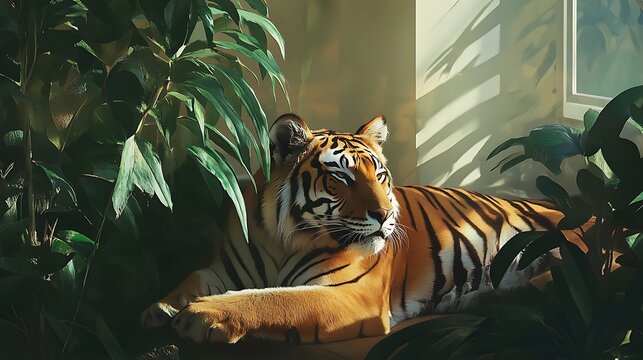 A peaceful tiger resting in a cozy, muted color palette
