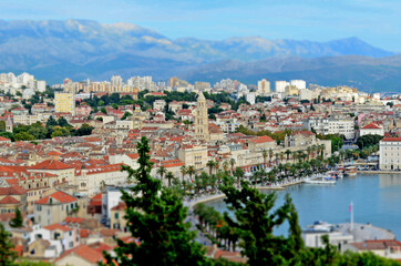Fototapeta premium Split, Croatia - October 2, 2015: Tilt-shift view of historic city center and Saint Domnius Bell Tower with Adriatic waterfront